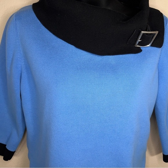 MEDIUM VINTAGE BLUE BLACK COWL NECK KNIT TOP STRETCH 3/4 SLEEVE RETRO - Picture 3 of 10